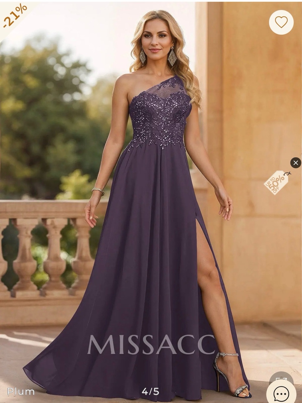 Missacco Plum One-Shoulder Evening Gown with Beaded Bodice